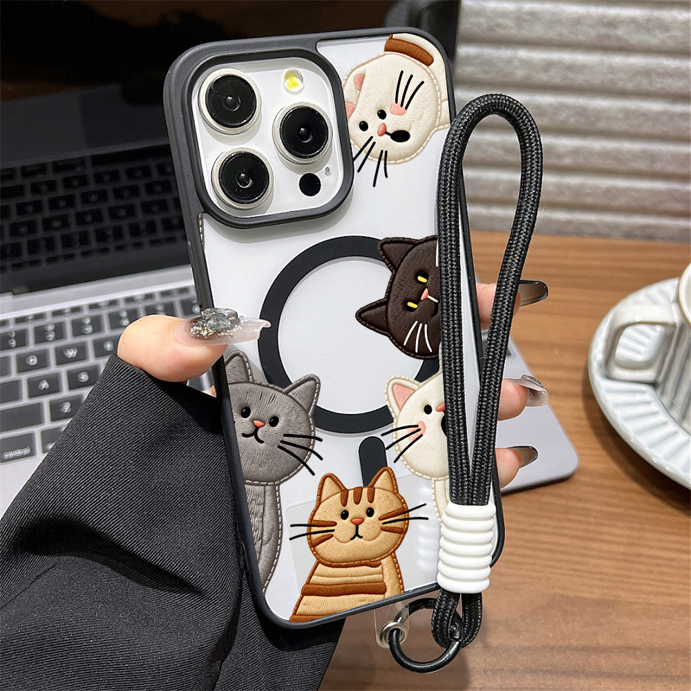Embroidery Cat - غطاء هاتف لطيف بتصميم قطة مطرزة