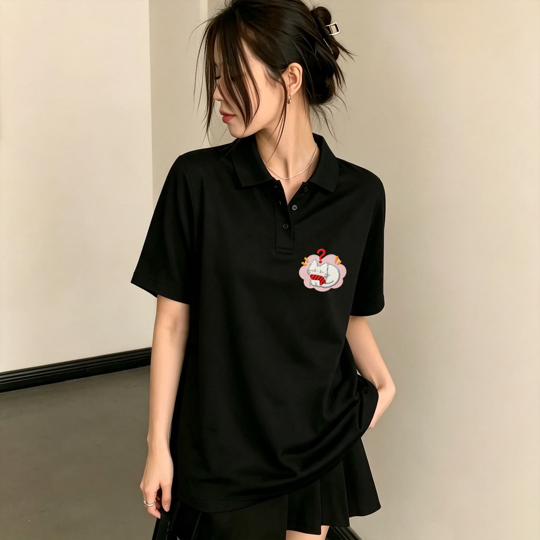 قميص بولو نسائي أسود بياقة مطو - مراجعة Embroidery On Black Shirt وسعره